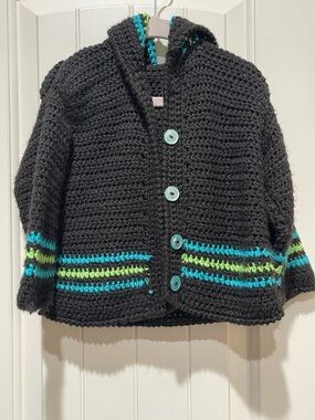 Handmade Black Hooded Kids knit Cardigan 3-5T